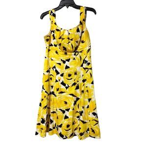 London Times Sleeveless Dress Pleated Scoop Neck Floral Yellow Black Womens 10